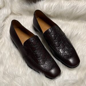Gucci Men's Dark Brown Monogrammed Embossed Leather Loafers 9